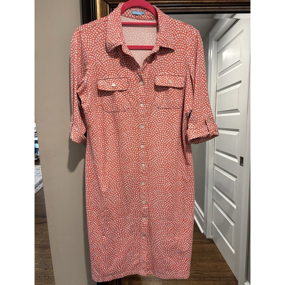 J. McLaughlin Coral & Light Blue Geometric Print Shirt Dress Size M. No belt